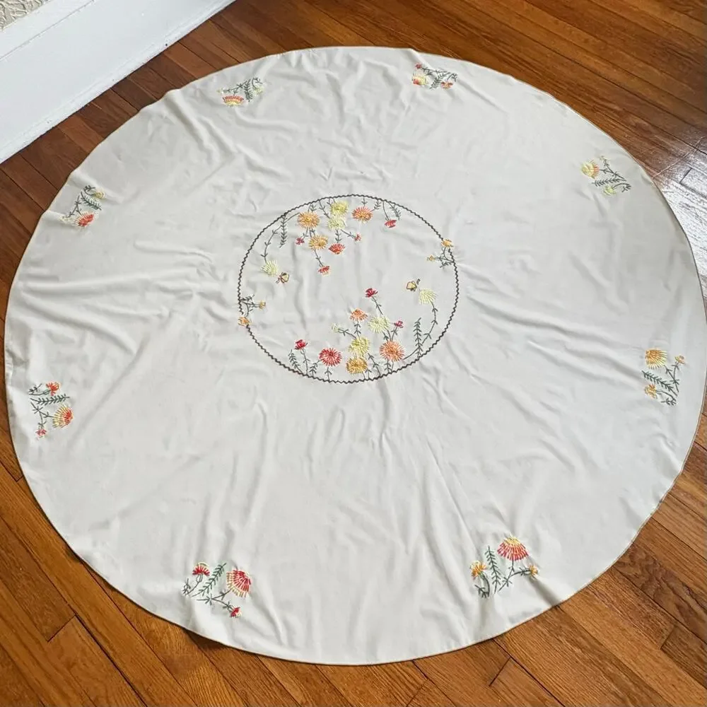 Vintage Embroidered Round Tablecloth, Beige Floral Cotton Blend 58”
